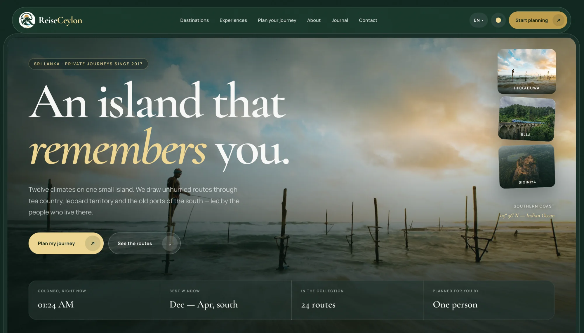 ReiseCeylon homepage presenting private journeys across Sri Lanka